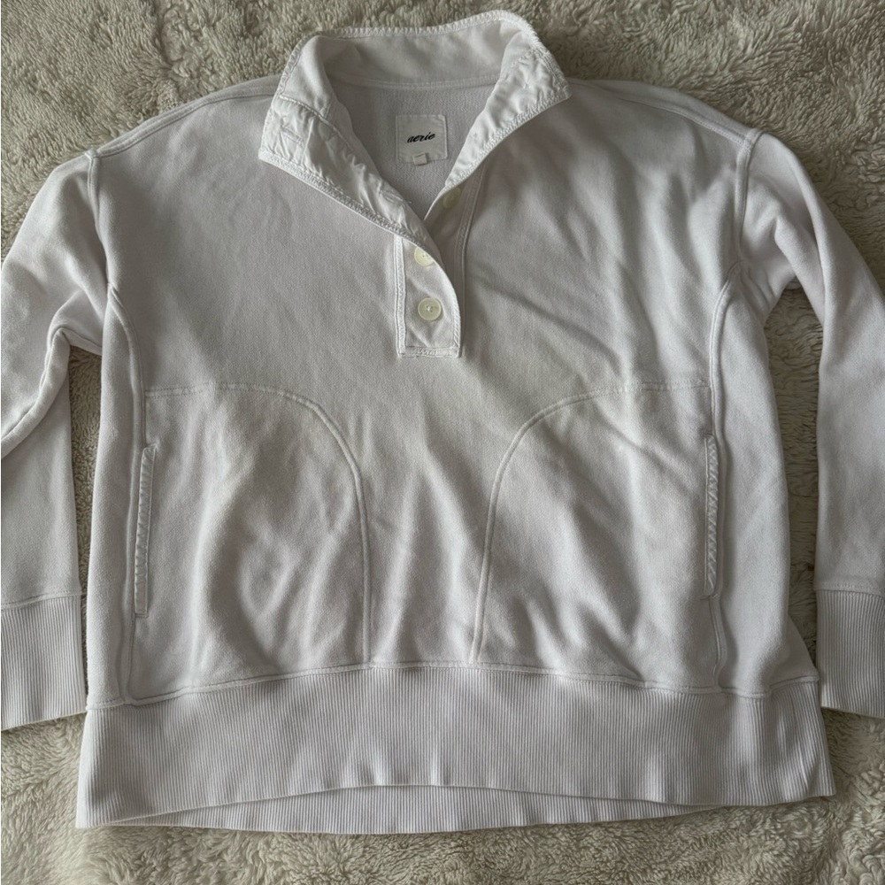 Aerie The Good Times Button Mock Neck White Oversized Crewneck Top SZ S
